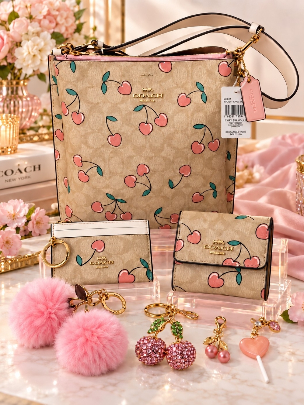 Coach Cherry Bucket Bag,Wallet,ID Card Holder, Cherry Charms Pink Tan NWT Bundle